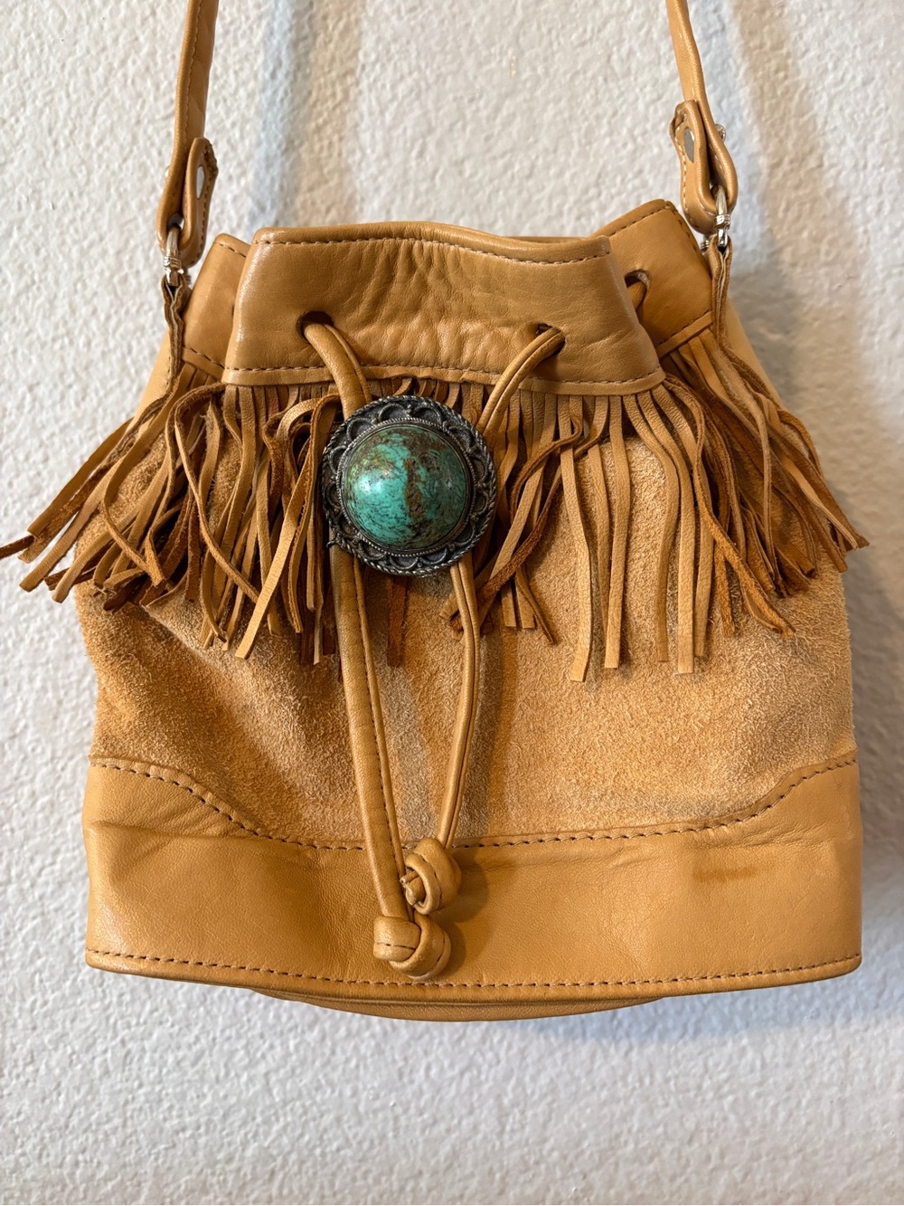 RARE Glen Miller for Ann Turk Fringed Crossbody Bag Camel Leather with Turquoise